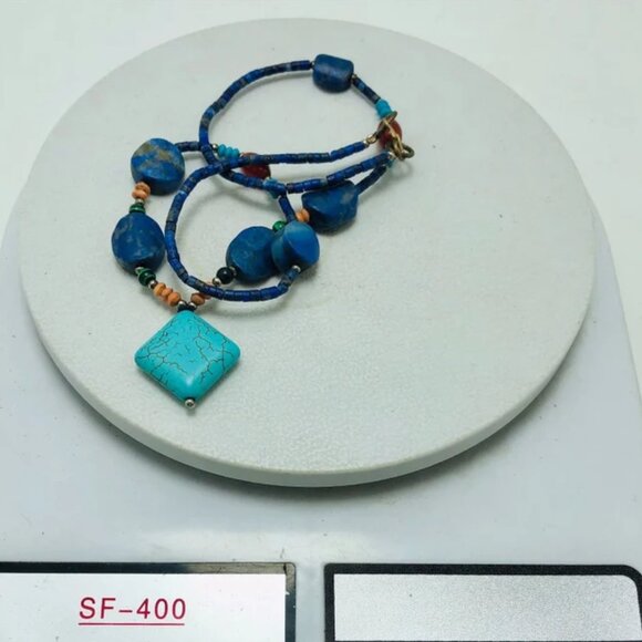 Lapis and Turquoise Beaded Necklace, Handmade Vintage Beaded Necklace - Picture 11 of 12